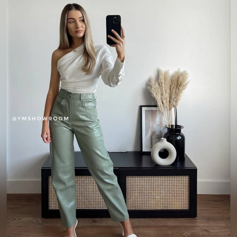 MANGO Green Faux leather pants